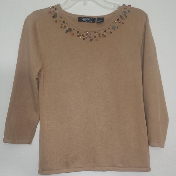 Crystal Kobe Sweater Brown Beaded Crew Neck Jasper Pearl Embellished Sz 3/4 - Picture 1 of 8